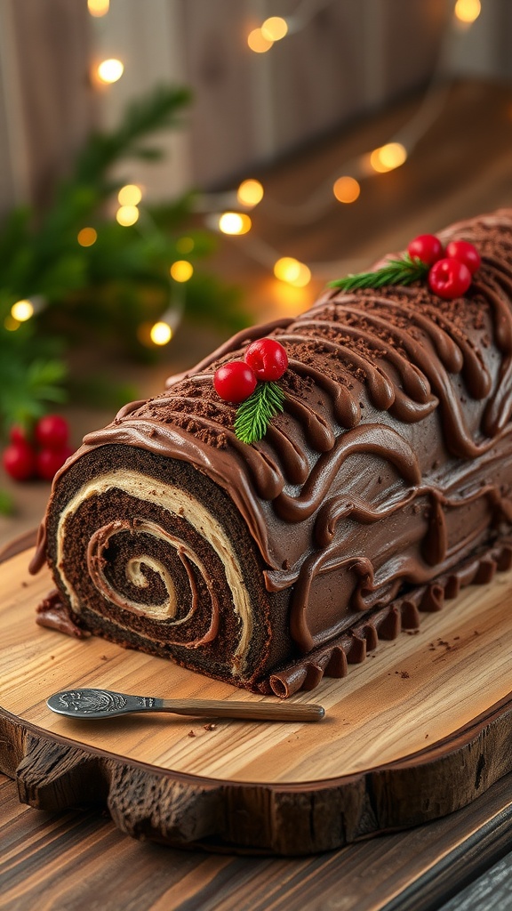 Delicious Vegan Yule Log Cake Recipe A vegan Yule log cake covered in chocolate frosting and decorated with berries, set on a festive table with holiday decorations.